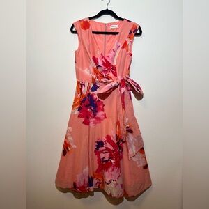 Calvin Klein Coral Pink Floral Wrap Style Midi Dress
